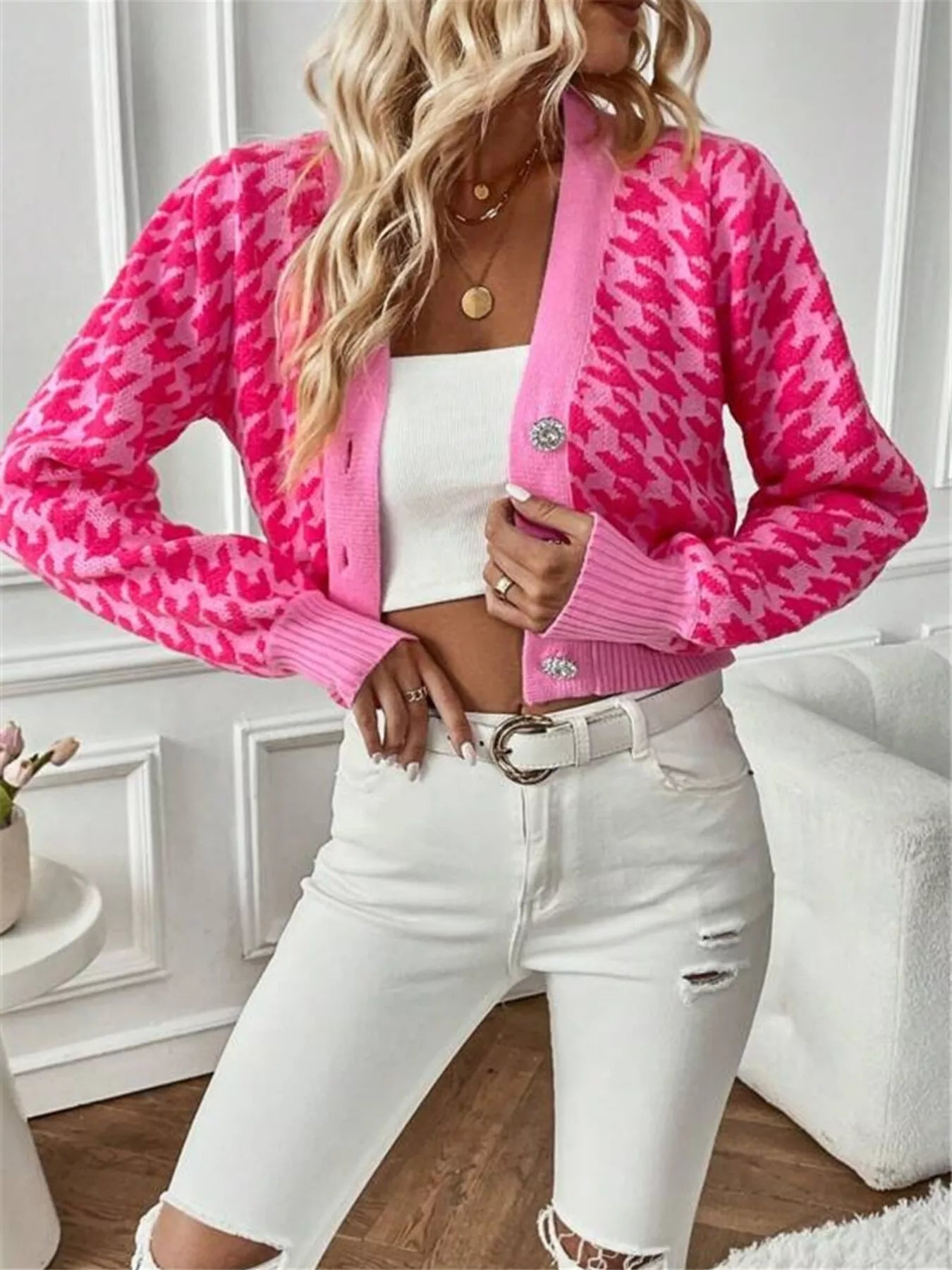Houndstooth V-Neck Button Up Cardigan-Cardigan-Krush Kandy, Women's Online Fashion Boutique Located in Phoenix, Arizona (Scottsdale Area)