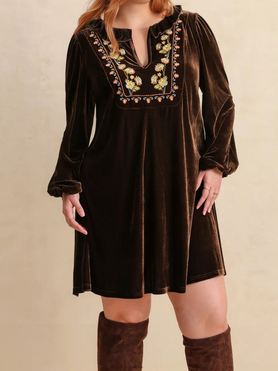 Plus Size Embroidered Notched Balloon Sleeve Mini Dress-Dresses-Krush Kandy, Women's Online Fashion Boutique Located in Phoenix, Arizona (Scottsdale Area)