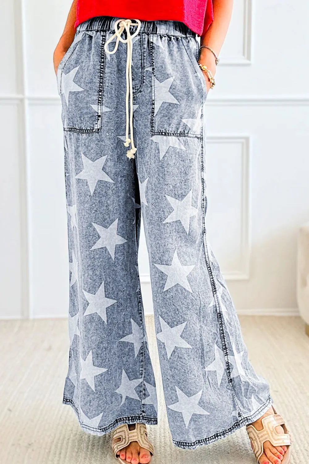 Star Print Washed Drawstring High Waist Wide Leg Jeans-Krush Kandy, Women's Online Fashion Boutique Located in Phoenix, Arizona (Scottsdale Area)