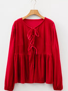 Plus Size Tie Front Velvet Peplum Blouse-Blouses-Krush Kandy, Women's Online Fashion Boutique Located in Phoenix, Arizona (Scottsdale Area)
