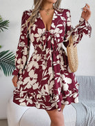 Tied Ruffled Printed Long Sleeve Dress-Krush Kandy, Women's Online Fashion Boutique Located in Phoenix, Arizona (Scottsdale Area)