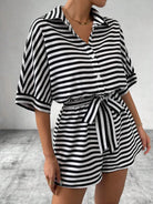 Tie Waist Half Button Striped Romper-Jumpsuits & Rompers-Krush Kandy, Women's Online Fashion Boutique Located in Phoenix, Arizona (Scottsdale Area)