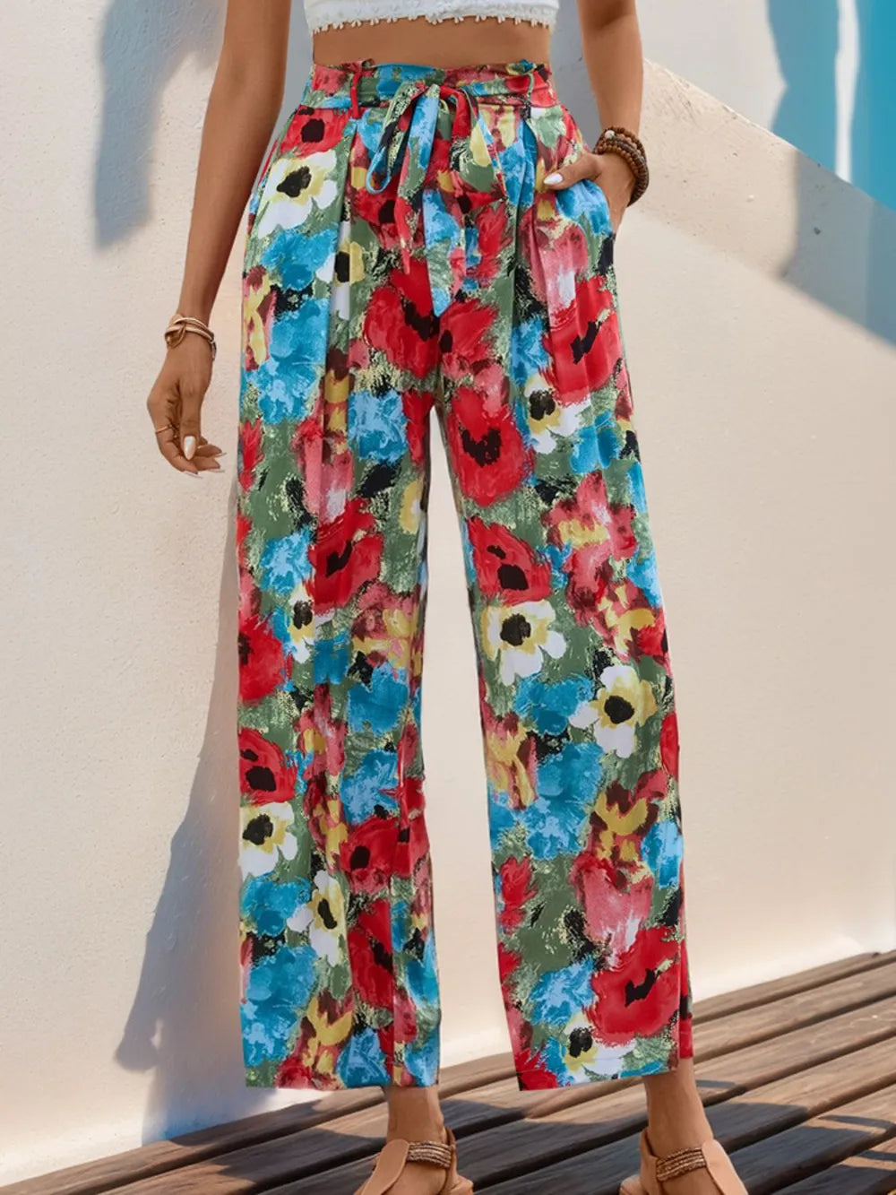 Perfee Tied Printed Wide Leg Pants-pants-Krush Kandy, Women's Online Fashion Boutique Located in Phoenix, Arizona (Scottsdale Area)