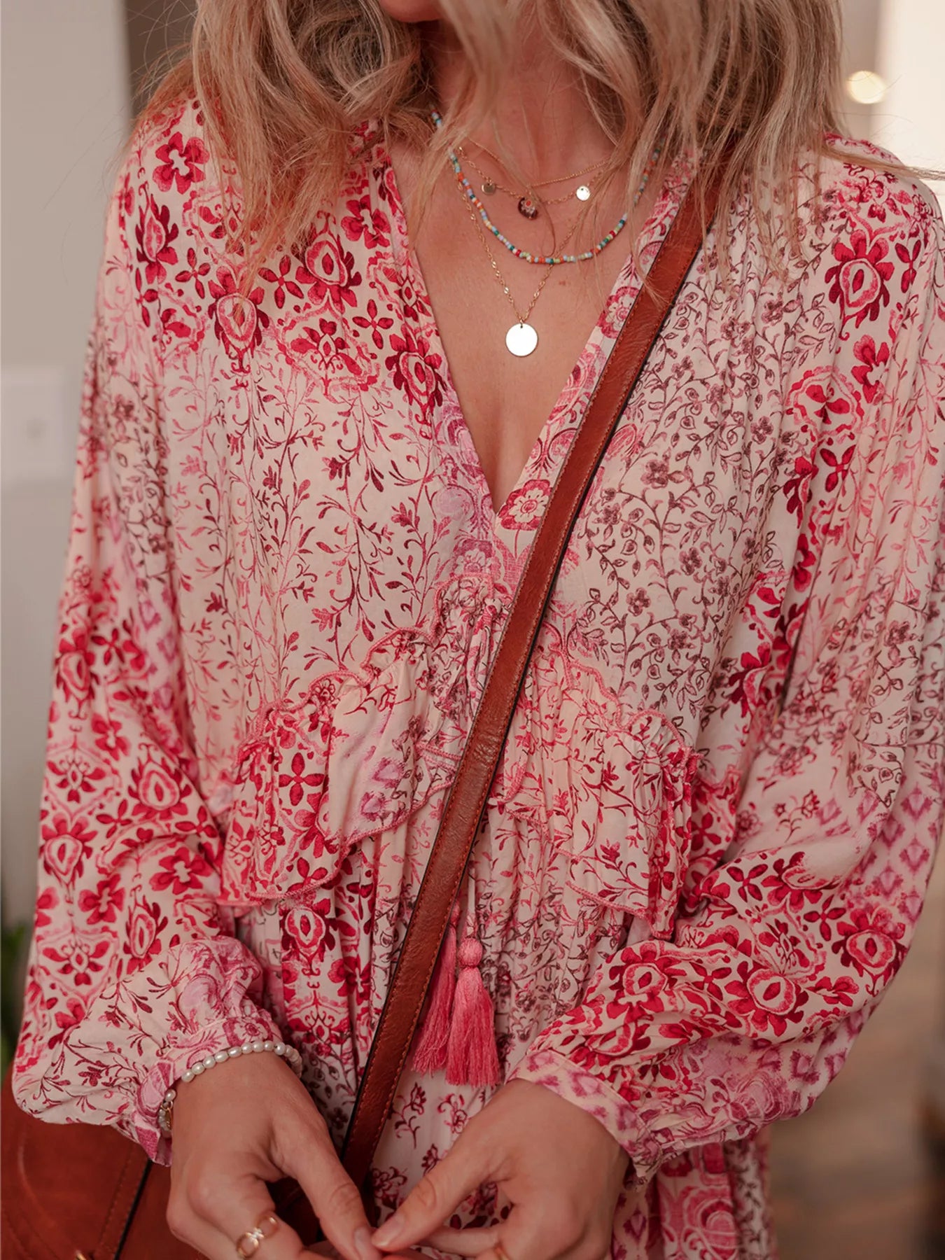 loral Print Tassel Tie Long Sleeve Flowy Mini Dress-Dresses-Krush Kandy, Women's Online Fashion Boutique Located in Phoenix, Arizona (Scottsdale Area)