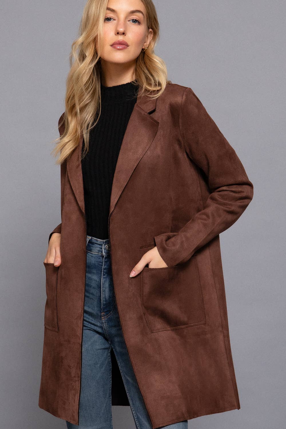 Long Sleeve Open Front Faux Suede Jacket-Coats-Krush Kandy, Women's Online Fashion Boutique Located in Phoenix, Arizona (Scottsdale Area)