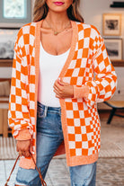 Orange Checkered Knit Cardigan-Cardigans-Krush Kandy, Women's Online Fashion Boutique Located in Phoenix, Arizona (Scottsdale Area)