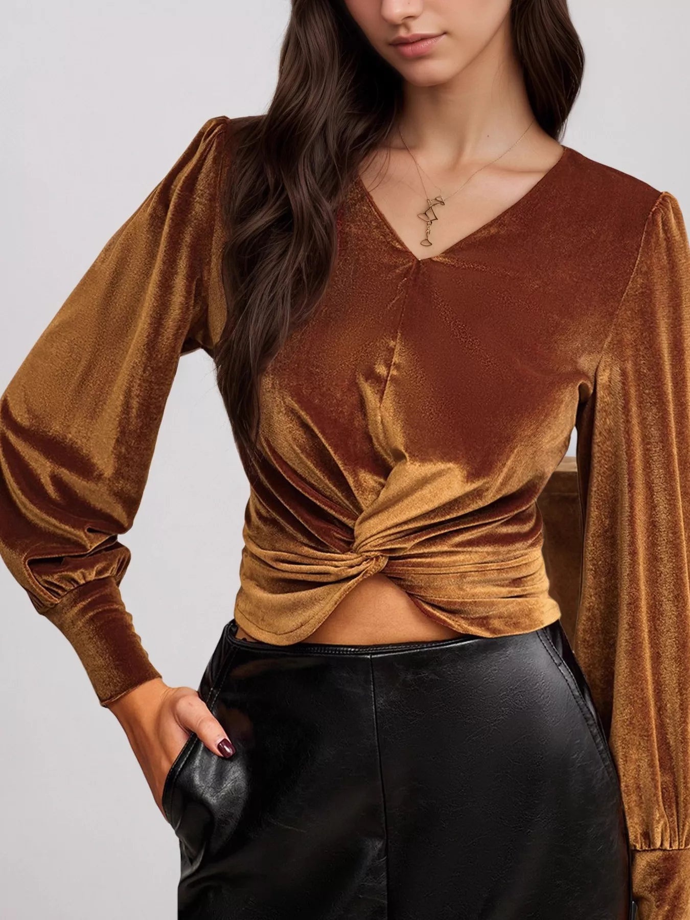 Twisted V-Neck Long Sleeve Blouse-Tops-Krush Kandy, Women's Online Fashion Boutique Located in Phoenix, Arizona (Scottsdale Area)