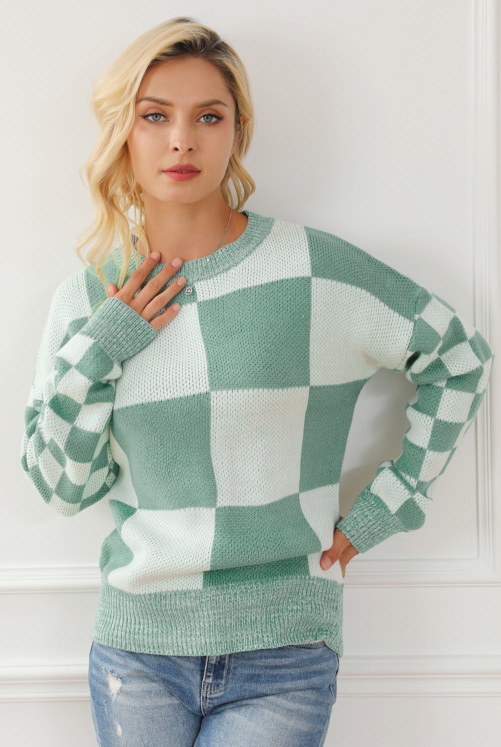 Checkered Drop Shoulder Long Sleeve Sweater-Krush Kandy, Women's Online Fashion Boutique Located in Phoenix, Arizona (Scottsdale Area)