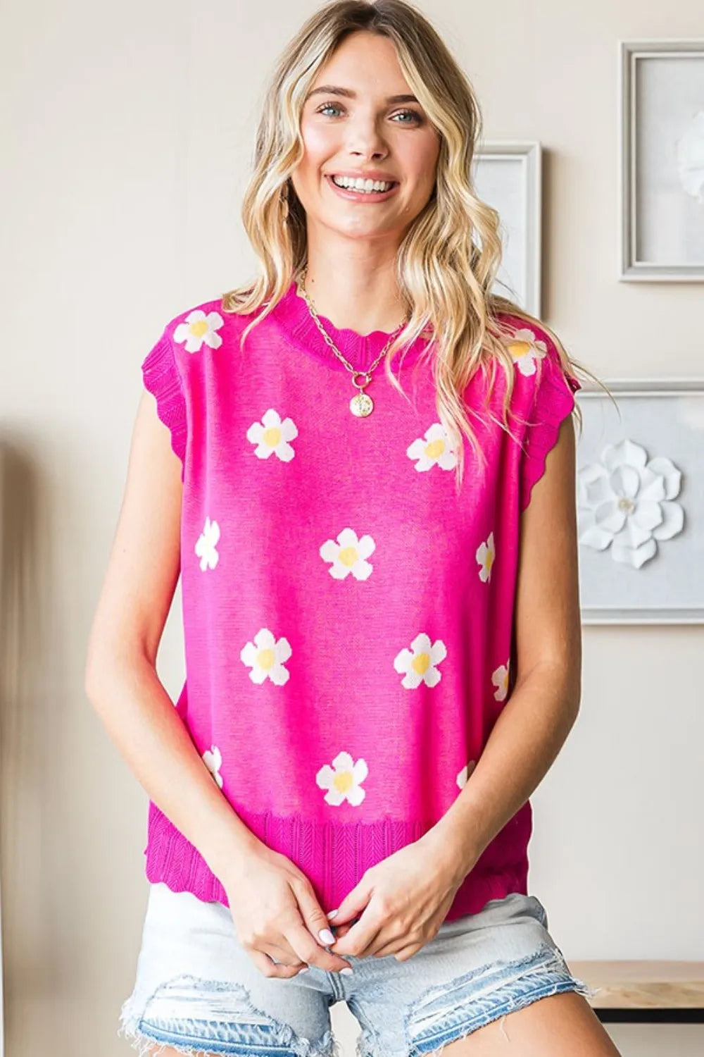 First Love Full Size Flower Pattern Round Neck Sweater Vest-Sweaters-Krush Kandy, Women's Online Fashion Boutique Located in Phoenix, Arizona (Scottsdale Area)