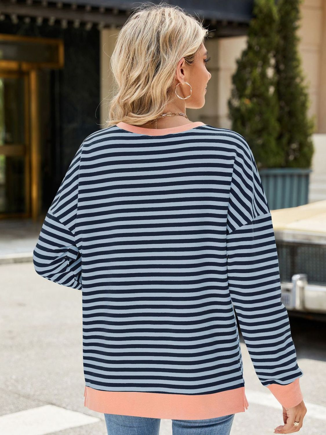 Slit Striped Round Neck Long Sleeve Sweatshirt-Krush Kandy, Women's Online Fashion Boutique Located in Phoenix, Arizona (Scottsdale Area)