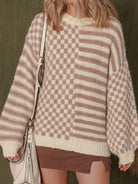 Stripe Checkerboard Drop Shoulder Balloon Sleeve Sweater-Sweaters-Krush Kandy, Women's Online Fashion Boutique Located in Phoenix, Arizona (Scottsdale Area)