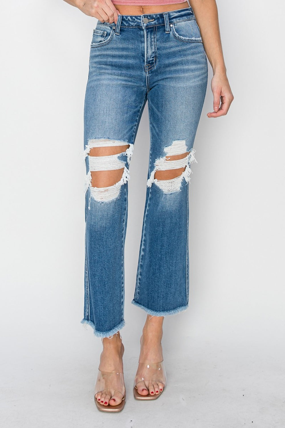 RISEN Mid Rise Distressed Cropped Flare Jeans-Denim-Krush Kandy, Women's Online Fashion Boutique Located in Phoenix, Arizona (Scottsdale Area)