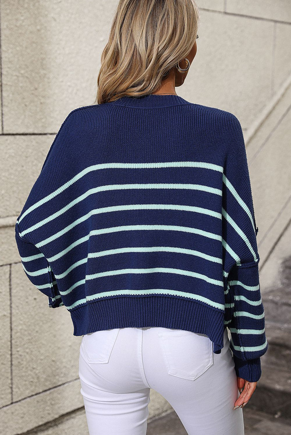 Striped Dropped Shoulder Round Neck Pullover Sweater-Krush Kandy, Women's Online Fashion Boutique Located in Phoenix, Arizona (Scottsdale Area)