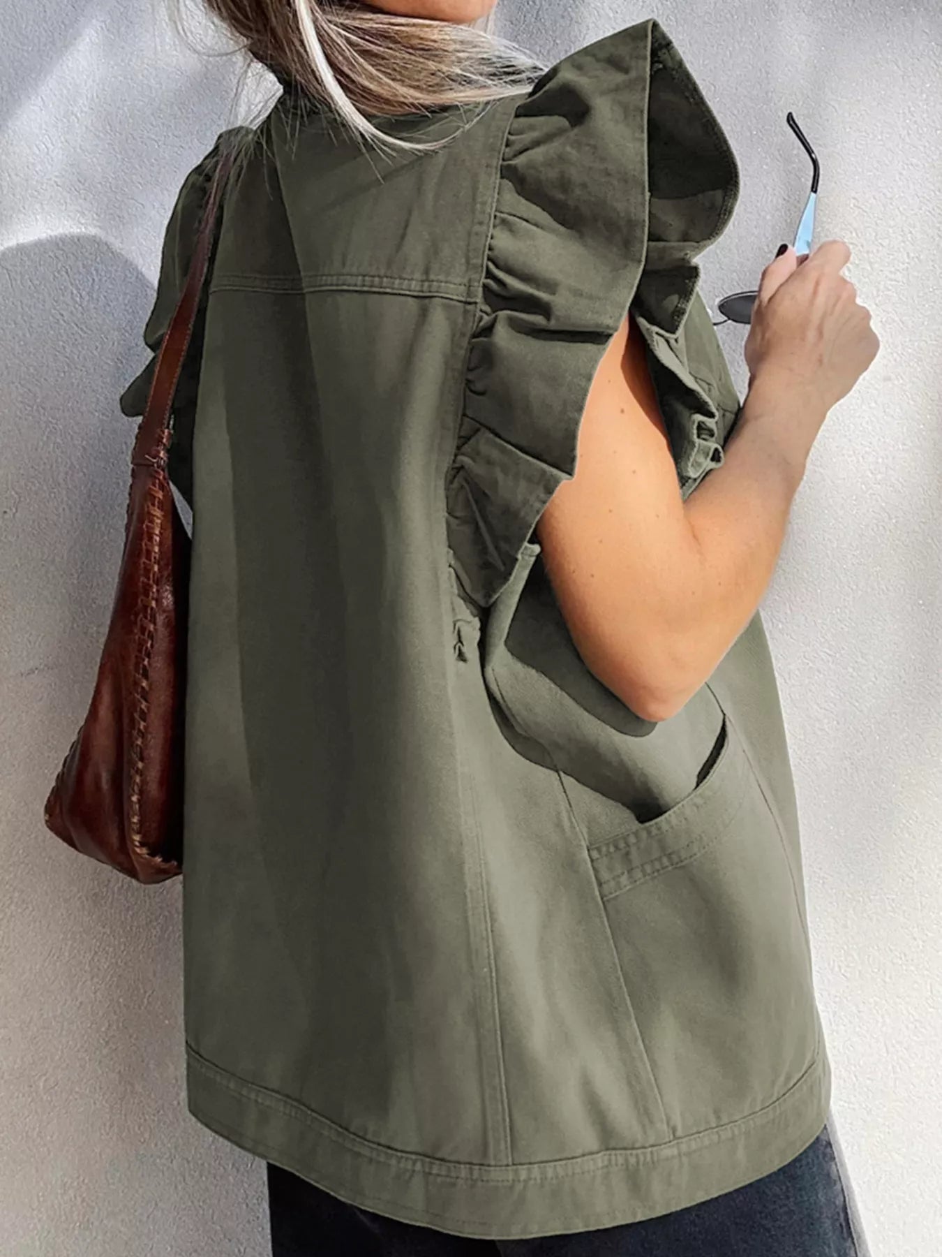 Ruffled Patchwork Denim Jacket Vest-Krush Kandy, Women's Online Fashion Boutique Located in Phoenix, Arizona (Scottsdale Area)