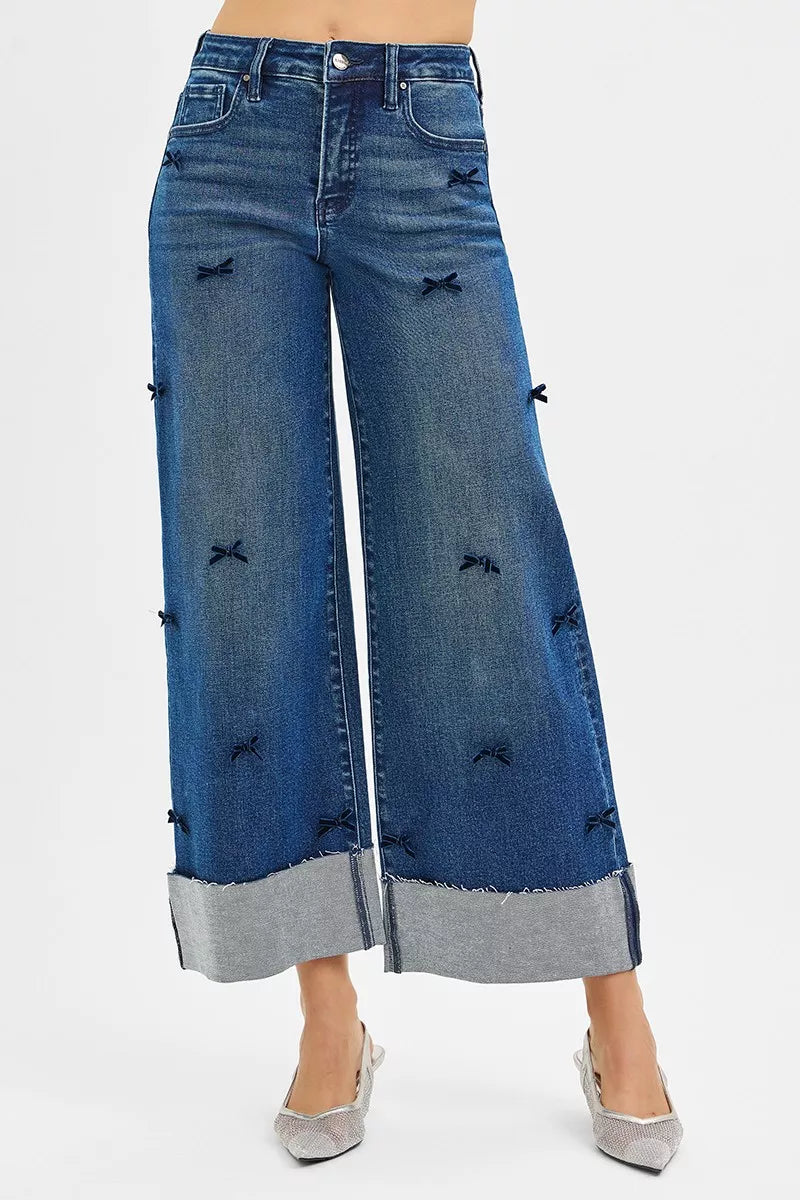 RISEN High Rise Crop Wide Leg Ribbon Detail Jeans-Jeans-Krush Kandy, Women's Online Fashion Boutique Located in Phoenix, Arizona (Scottsdale Area)