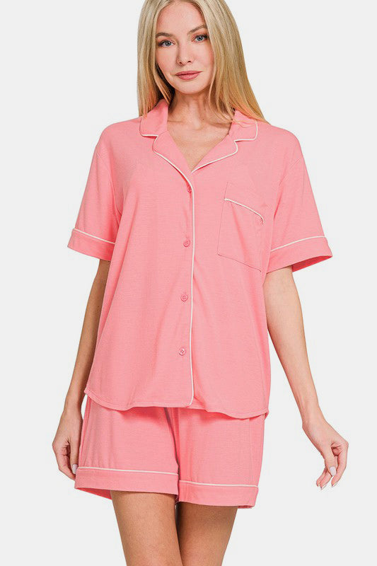 Zenana Button Down Short Sleeve Top and Shorts Lounge Set-Loungewear-Krush Kandy, Women's Online Fashion Boutique Located in Phoenix, Arizona (Scottsdale Area)