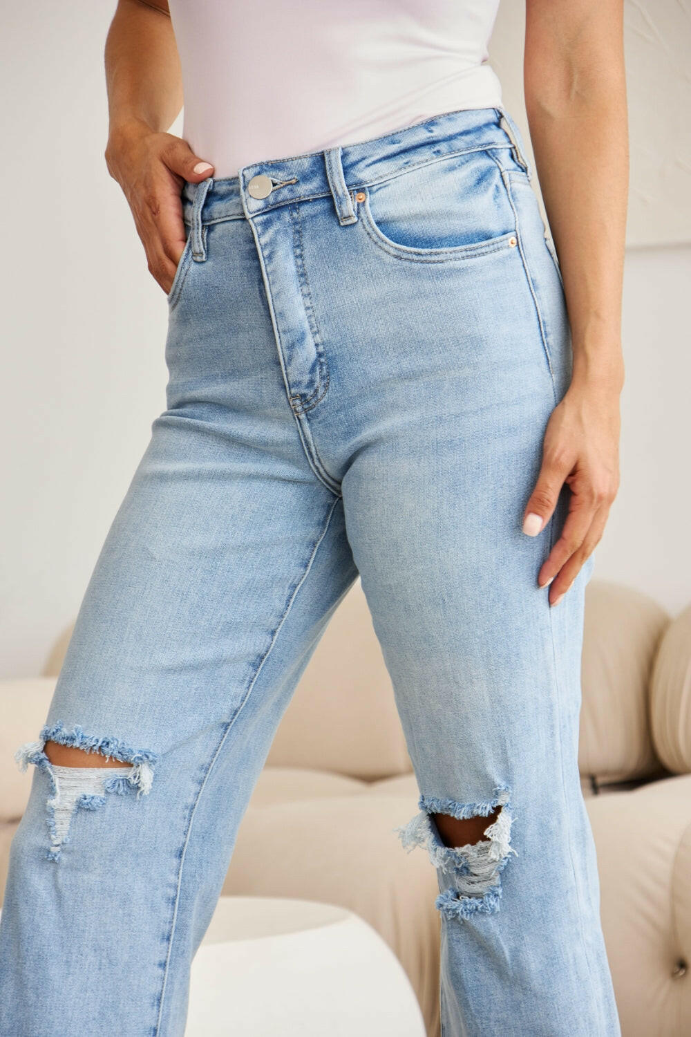 RfM Full Size Tummy Control High Waist Raw Hem Distressed Jeans-Krush Kandy, Women's Online Fashion Boutique Located in Phoenix, Arizona (Scottsdale Area)