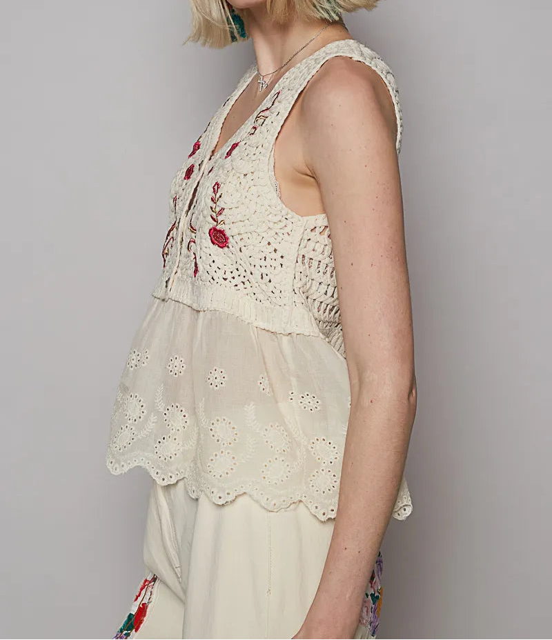 POL Embroidered Detail V-Neck Eyelet Peplum Tank-Tanks-Krush Kandy, Women's Online Fashion Boutique Located in Phoenix, Arizona (Scottsdale Area)