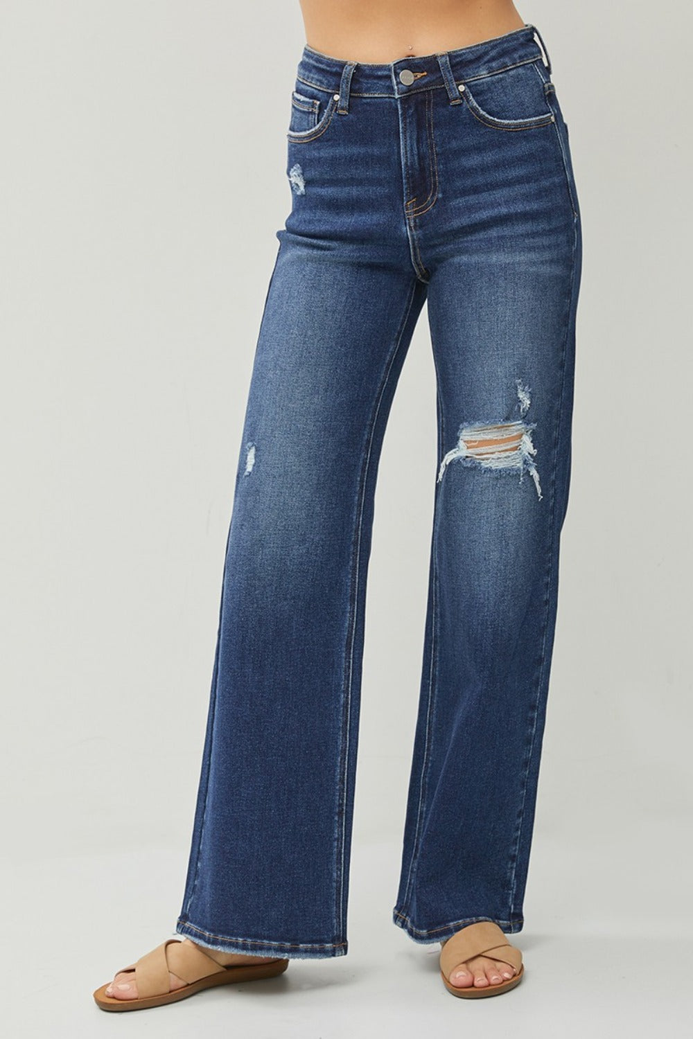 RISEN Full Size High Rise Distressed Wide Leg Jeans-Jeans-Krush Kandy, Women's Online Fashion Boutique Located in Phoenix, Arizona (Scottsdale Area)