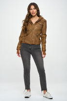 Brown Hooded Lined Vegan Leather Moto Jacket with Thumbholes.&nbsp;-Jackets-Krush Kandy, Women's Online Fashion Boutique Located in Phoenix, Arizona (Scottsdale Area)