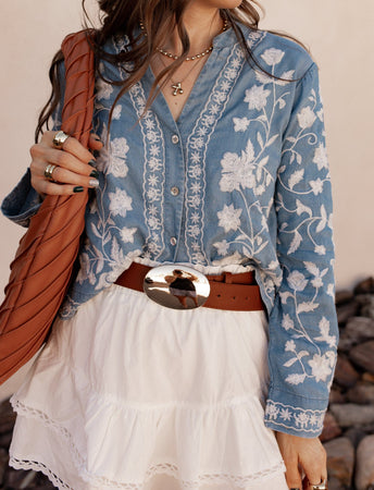 Boho Vacay Embroidered Button Blouse