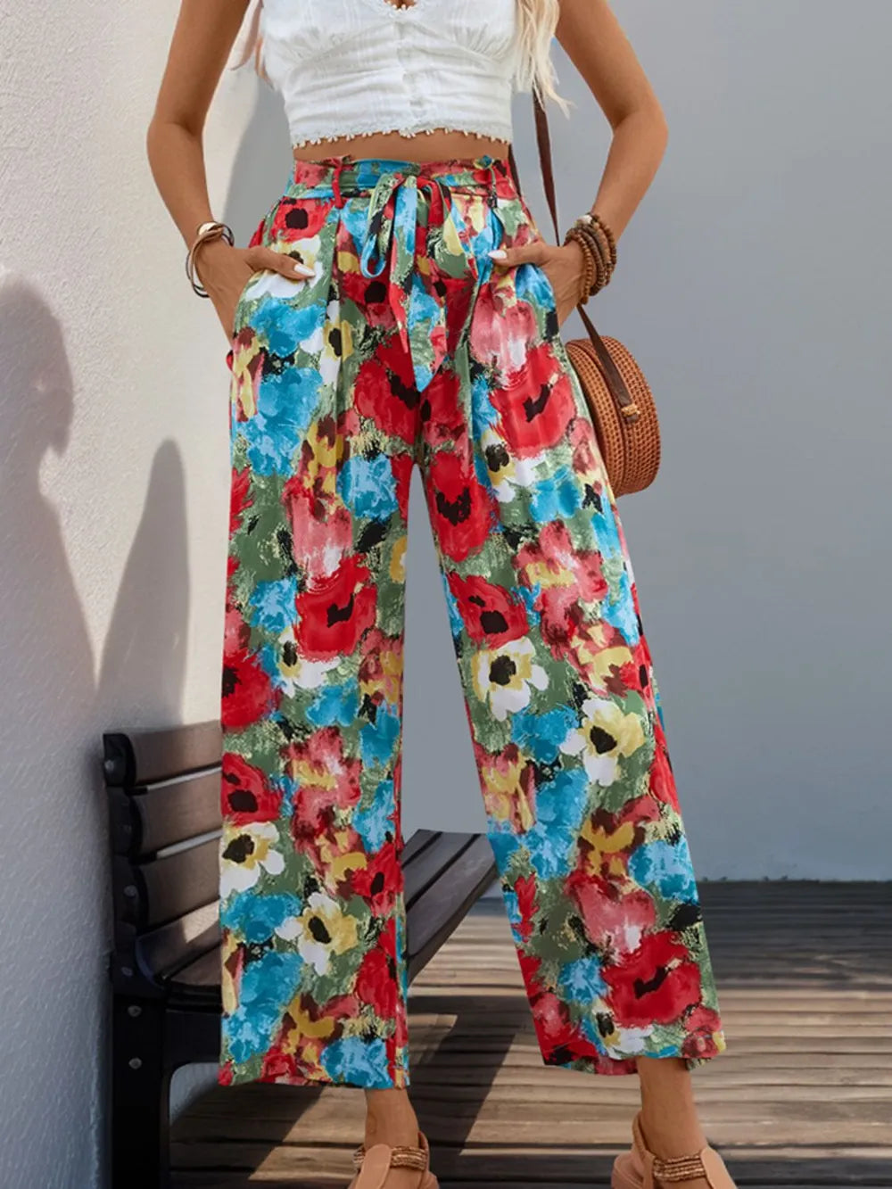 Perfee Tied Printed Wide Leg Pants-pants-Krush Kandy, Women's Online Fashion Boutique Located in Phoenix, Arizona (Scottsdale Area)