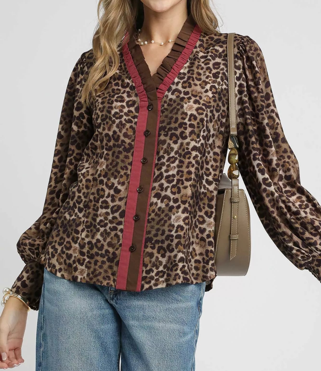 Umgee Ruffle Trim Leopard Print Shirt-Blouses-Krush Kandy, Women's Online Fashion Boutique Located in Phoenix, Arizona (Scottsdale Area)