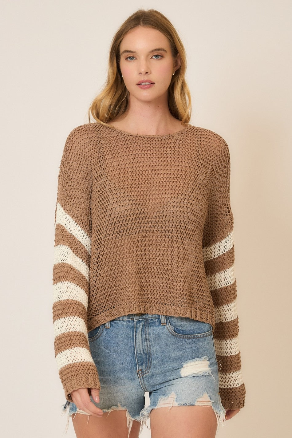 Light Knit Stripe Sleeve Pullover Sweater-Sweaters-Krush Kandy, Women's Online Fashion Boutique Located in Phoenix, Arizona (Scottsdale Area)