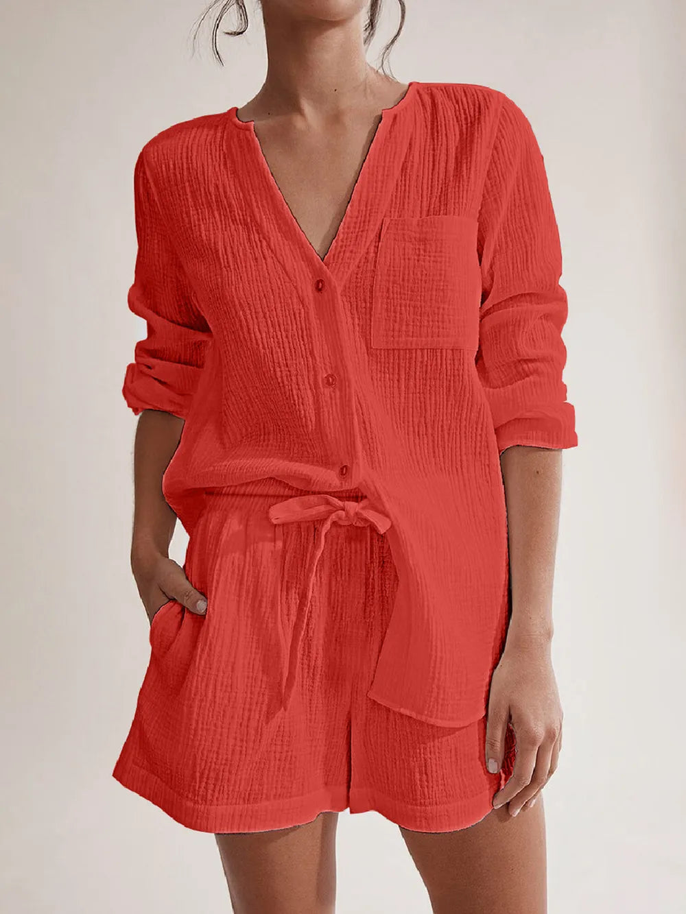 Notched Long Sleeve Top and Shorts Set-Krush Kandy, Women's Online Fashion Boutique Located in Phoenix, Arizona (Scottsdale Area)