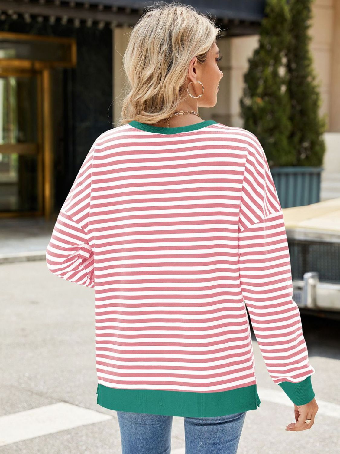 Slit Striped Round Neck Long Sleeve Sweatshirt-Krush Kandy, Women's Online Fashion Boutique Located in Phoenix, Arizona (Scottsdale Area)