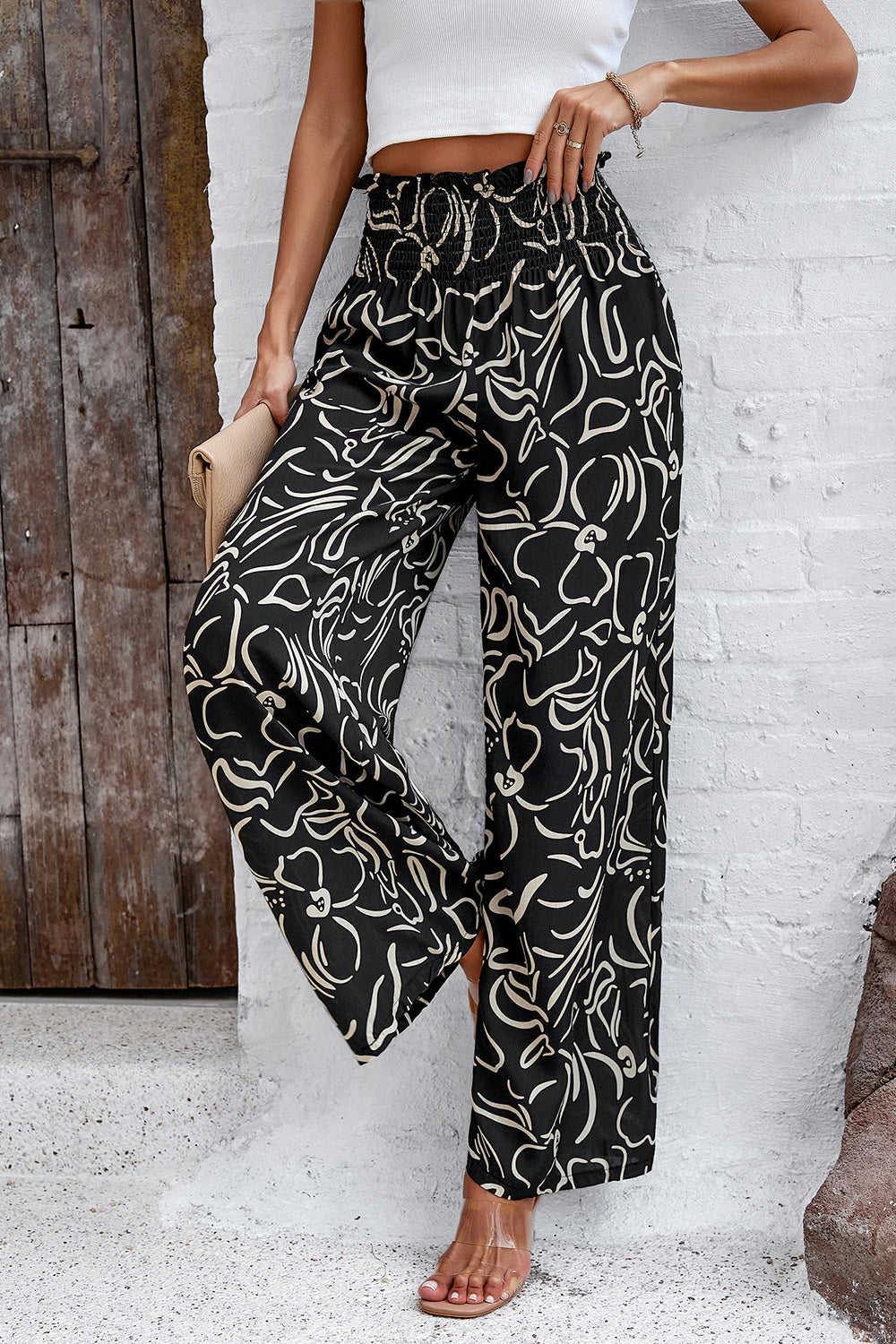 Smocked Printed Wide Leg Pants with Pockets-Pants-Krush Kandy, Women's Online Fashion Boutique Located in Phoenix, Arizona (Scottsdale Area)