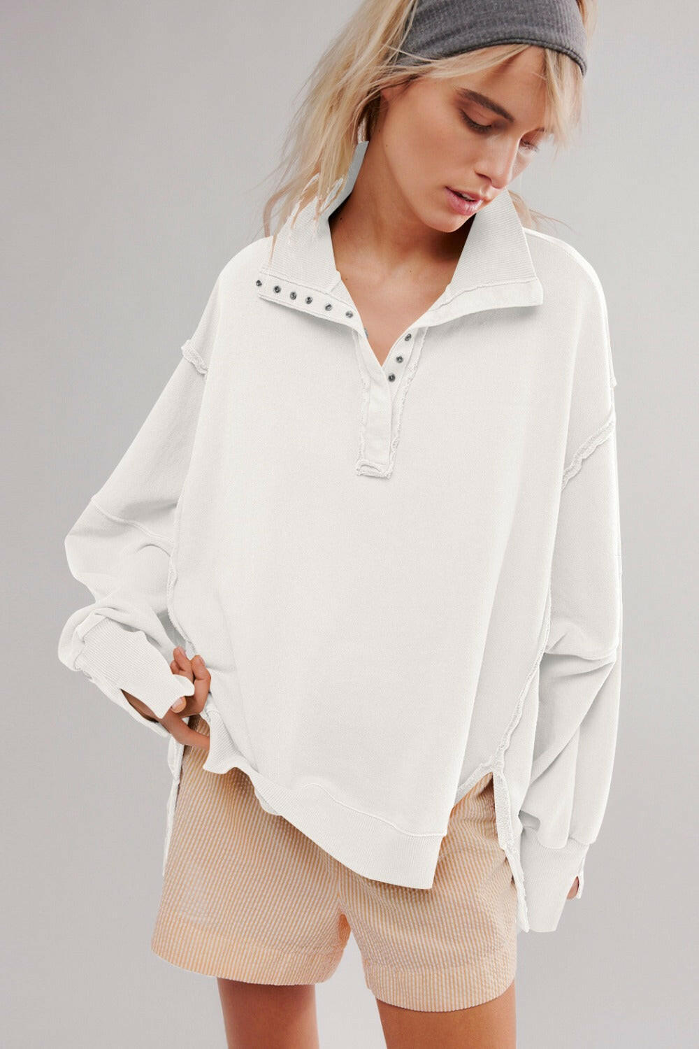 Exposed Seam Long Sleeve Sweatshirt with Side Slit – Krush Kandy