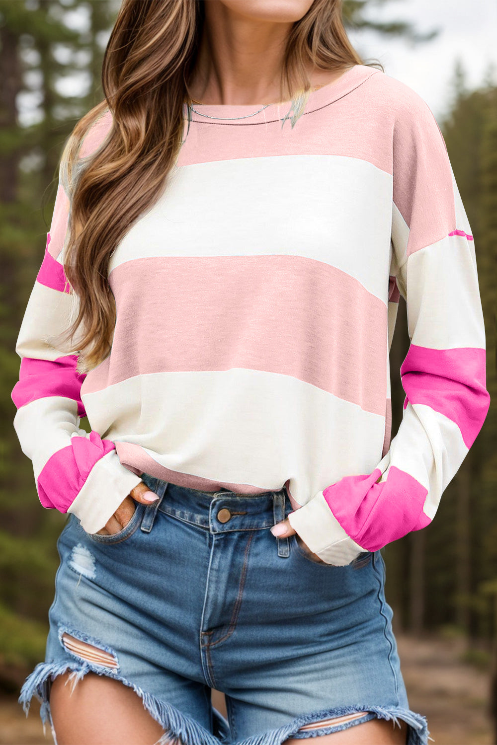 Contrast Color Block Round Neck Long Sleeve Top-Krush Kandy, Women's Online Fashion Boutique Located in Phoenix, Arizona (Scottsdale Area)