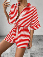 Tie Waist Half Button Striped Romper-Jumpsuits & Rompers-Krush Kandy, Women's Online Fashion Boutique Located in Phoenix, Arizona (Scottsdale Area)