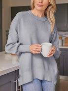 Slit Round Neck Dropped Shoulder Sweater-Krush Kandy, Women's Online Fashion Boutique Located in Phoenix, Arizona (Scottsdale Area)