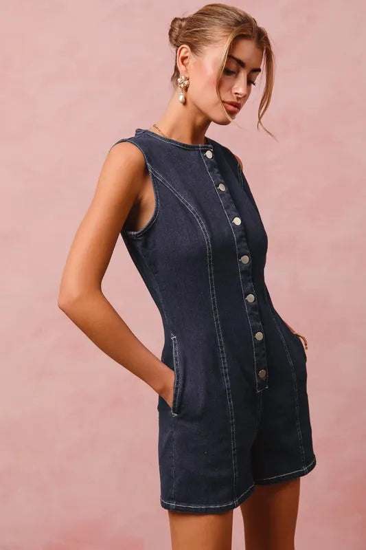 SO ME Button Up Front Washed Denim Sleeveless Romper-Jumpsuits & Rompers-Krush Kandy, Women's Online Fashion Boutique Located in Phoenix, Arizona (Scottsdale Area)