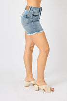 Judy Blue Full Size Button Fly Raw Hem Denim Shorts-Shorts-Krush Kandy, Women's Online Fashion Boutique Located in Phoenix, Arizona (Scottsdale Area)