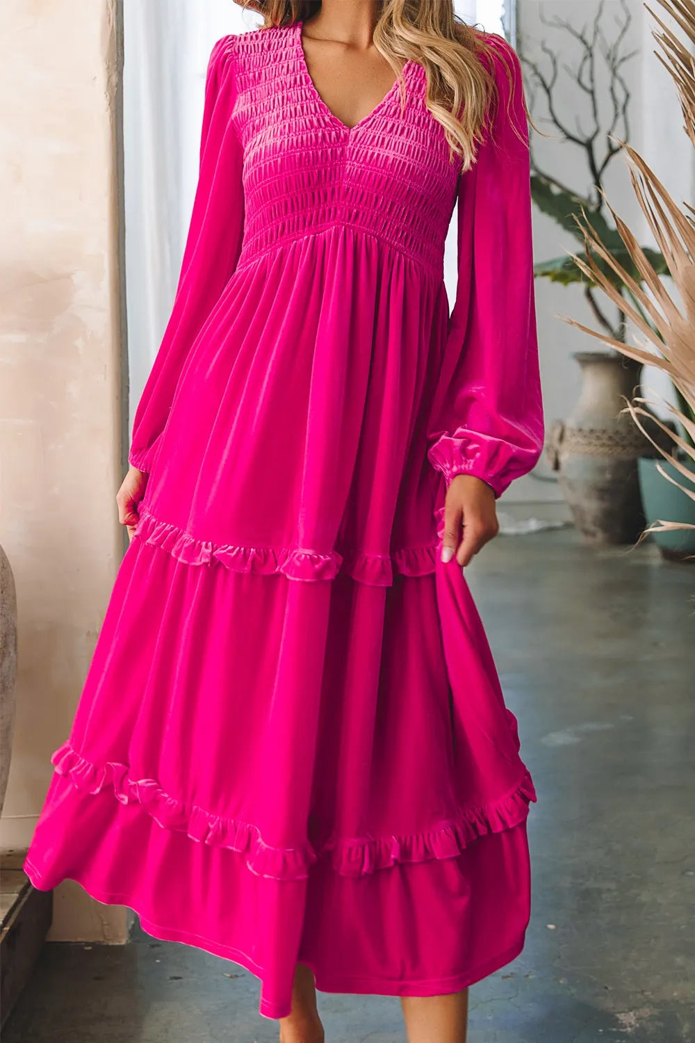 Frill V-Neck Balloon Sleeve Tiered Dress-Dresses-Krush Kandy, Women's Online Fashion Boutique Located in Phoenix, Arizona (Scottsdale Area)