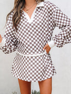 Checkered Print Polo Collar Cropped Long Sleeve Top and Drawstring Mini Skirt Set-2 Piece Outfit Sets-Krush Kandy, Women's Online Fashion Boutique Located in Phoenix, Arizona (Scottsdale Area)