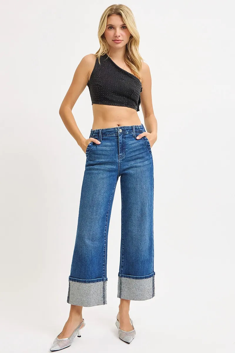 RISEN High Rise Ankle Wide Rhine Stone Cuffed Jeans-Krush Kandy, Women's Online Fashion Boutique Located in Phoenix, Arizona (Scottsdale Area)