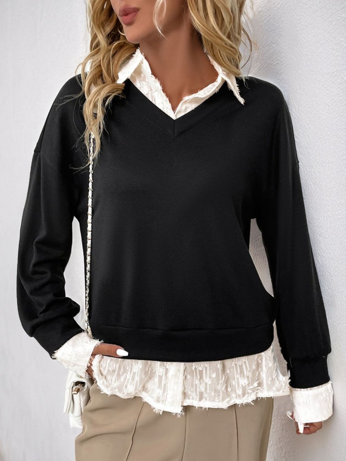 Perfee Faux Layered Contrast Long Sleeve Sweatshirt-Krush Kandy, Women's Online Fashion Boutique Located in Phoenix, Arizona (Scottsdale Area)