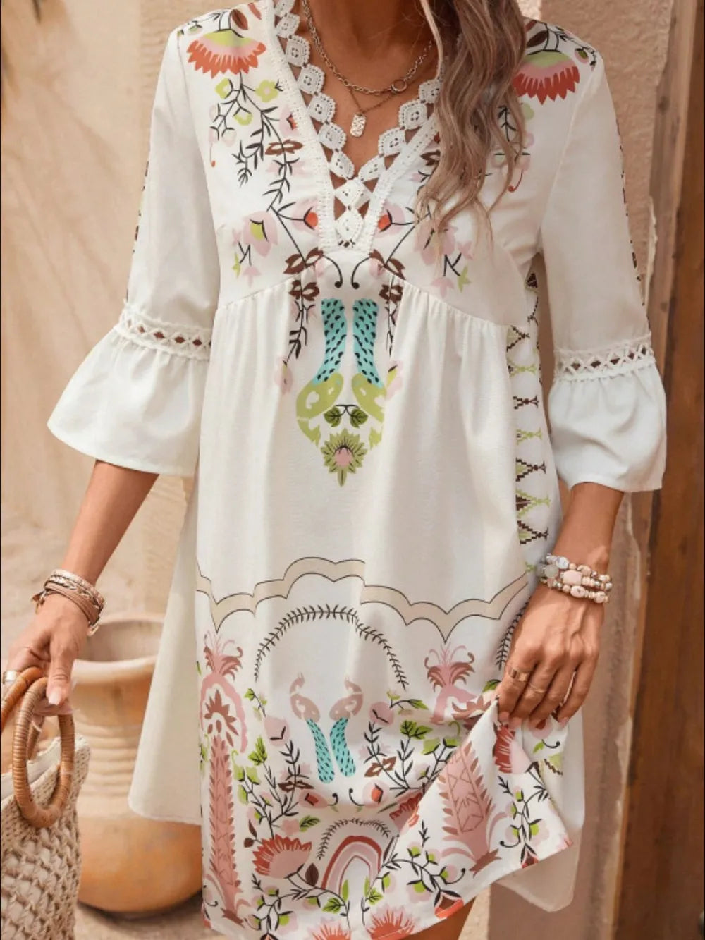 Lace Detail Printed Three-Quarter Sleeve Dress-Dresses-Krush Kandy, Women's Online Fashion Boutique Located in Phoenix, Arizona (Scottsdale Area)