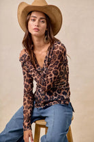BiBi Leopard Printed Mesh Shirt With Button Up V Neck-Tops-Krush Kandy, Women's Online Fashion Boutique Located in Phoenix, Arizona (Scottsdale Area)
