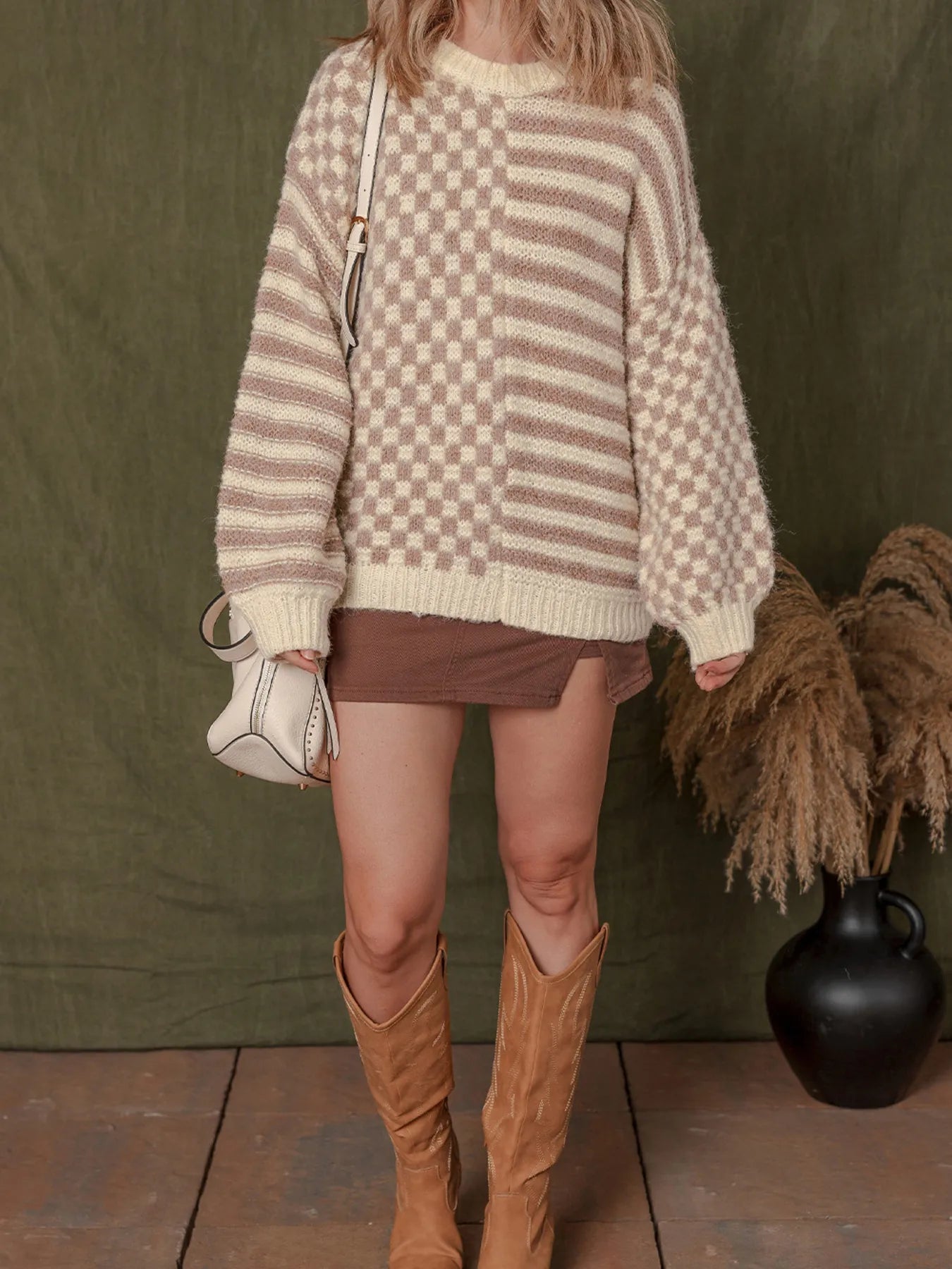 Stripe Checkerboard Drop Shoulder Balloon Sleeve Sweater-Sweaters-Krush Kandy, Women's Online Fashion Boutique Located in Phoenix, Arizona (Scottsdale Area)