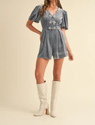 Mable Jewel Bow Decor Puff Sleeve Velvet Romper-Jumpsuits & Rompers-Krush Kandy, Women's Online Fashion Boutique Located in Phoenix, Arizona (Scottsdale Area)