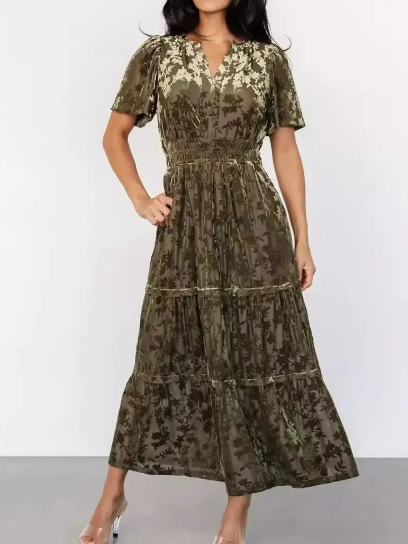 Notched Short Sleeve Tiered Dress-Dresses-Krush Kandy, Women's Online Fashion Boutique Located in Phoenix, Arizona (Scottsdale Area)