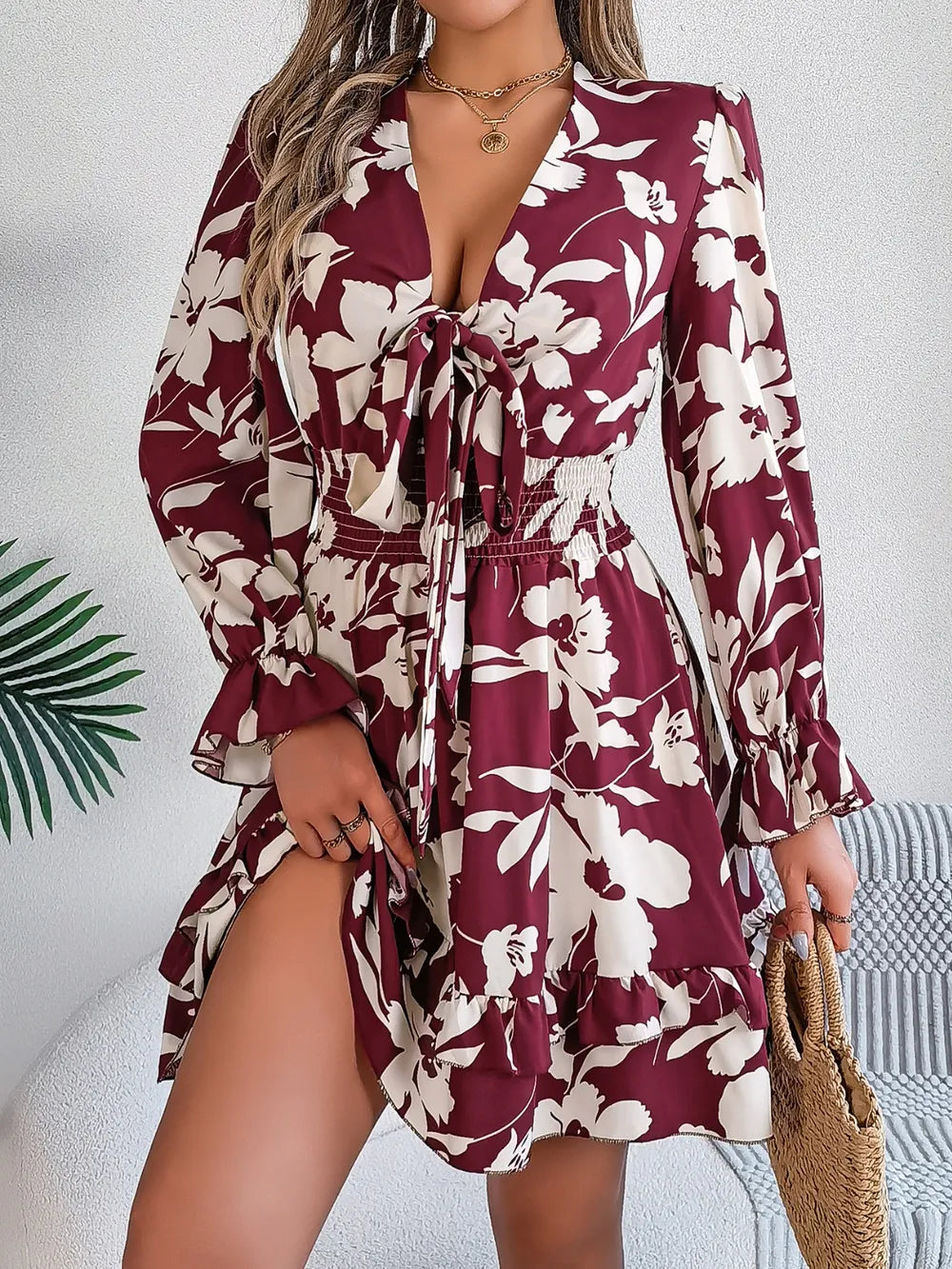 Tied Ruffled Printed Long Sleeve Dress-Krush Kandy, Women's Online Fashion Boutique Located in Phoenix, Arizona (Scottsdale Area)