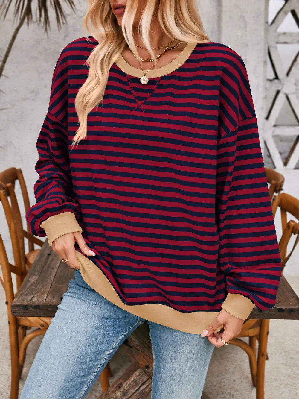 Lovelet Contrast Striped Long Sleeve Sweatshirt-Sweaters-Krush Kandy, Women's Online Fashion Boutique Located in Phoenix, Arizona (Scottsdale Area)
