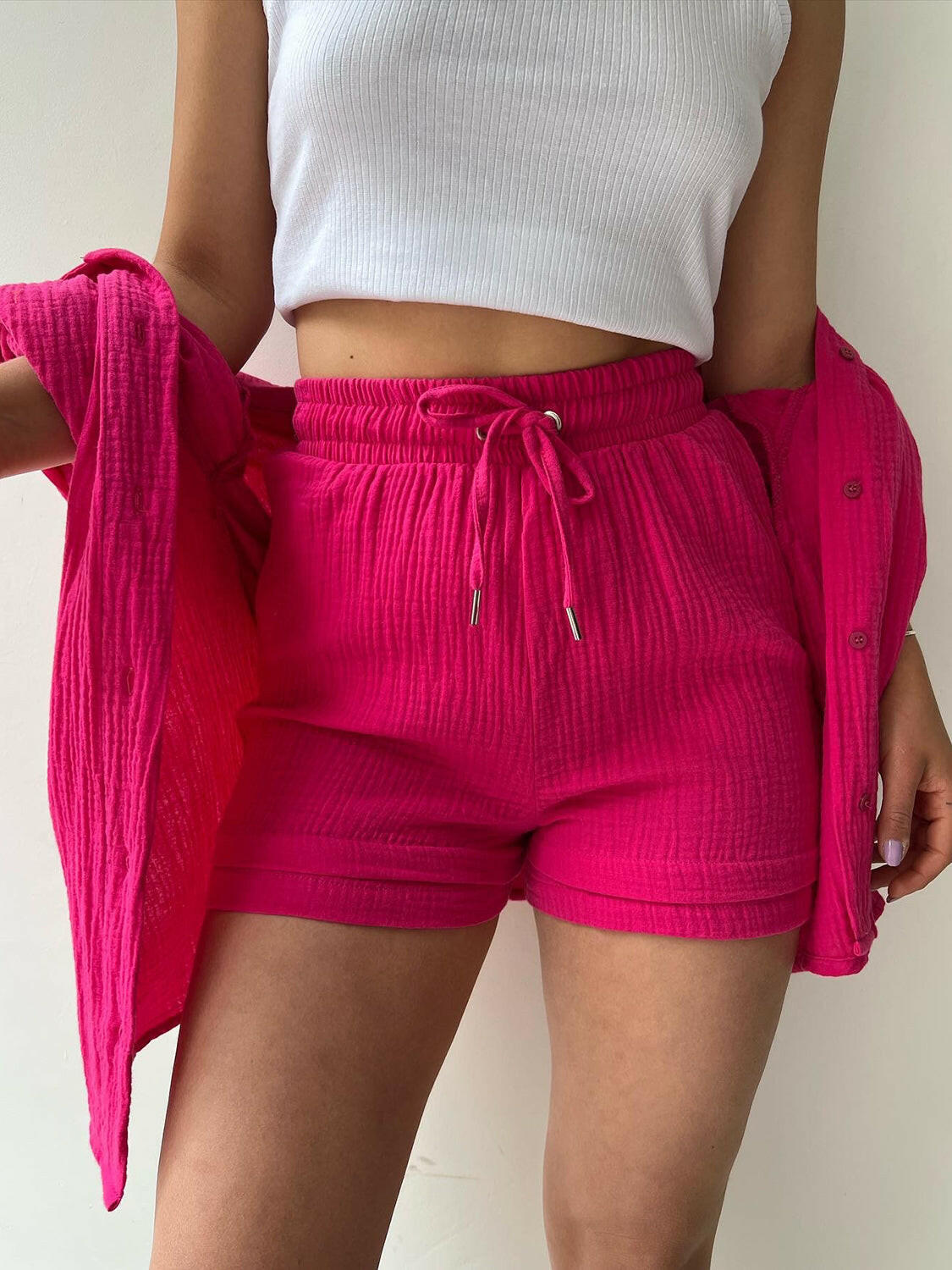 Kinsley Texture Button-Up Shirt and Drawstring Shorts Set-Krush Kandy, Women's Online Fashion Boutique Located in Phoenix, Arizona (Scottsdale Area)