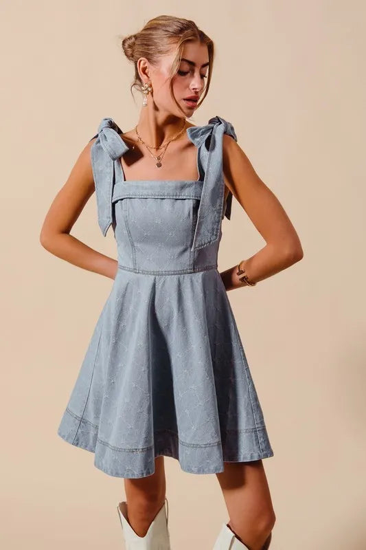 SO ME A Line Bow Denim Dress-Dresses-Krush Kandy, Women's Online Fashion Boutique Located in Phoenix, Arizona (Scottsdale Area)